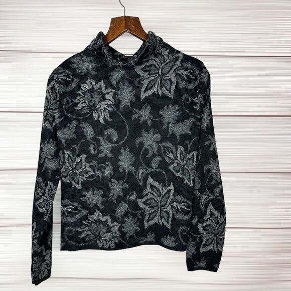Peruvian Link Alpaca Black Gray Floral Zip Front Mock Neck Cardigan Sweater S - Picture 8 of 12